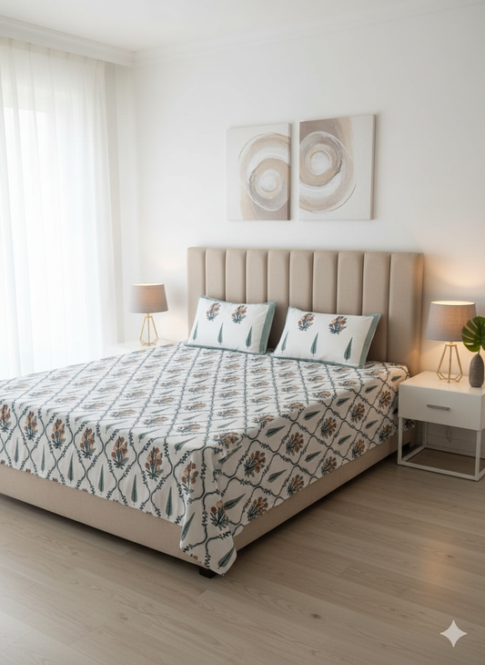 Utsav | Artisanal Jaipuri Print Bedsheet | 100% Cotton Queen/King Size Bedding