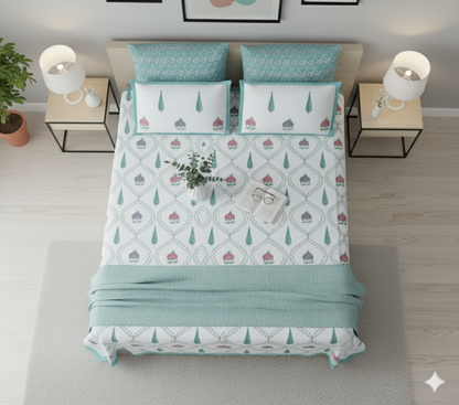 Mehfil - Blue | Artisanal Jaipuri Print Bedsheet | 100% Cotton Queen/King Size Bedding