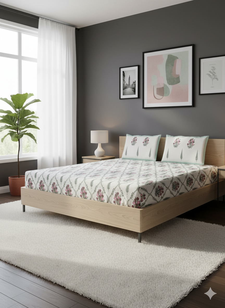 Utsav - Green | Artisanal Jaipuri Print Bedsheet | 100% Cotton Queen/King Size Bedding