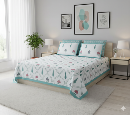 Mehfil - Blue | Artisanal Jaipuri Print Bedsheet | 100% Cotton Queen/King Size Bedding