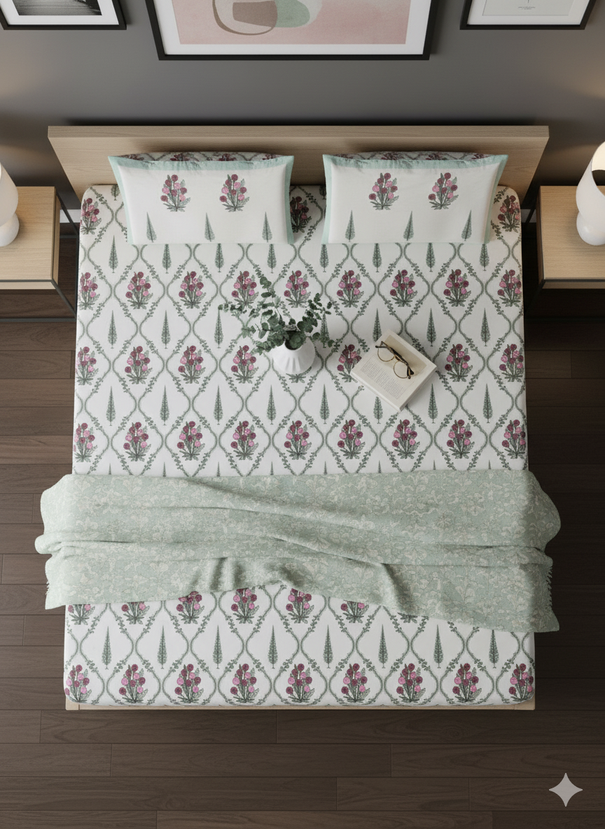 Utsav - Green | Artisanal Jaipuri Print Bedsheet | 100% Cotton Queen/King Size Bedding