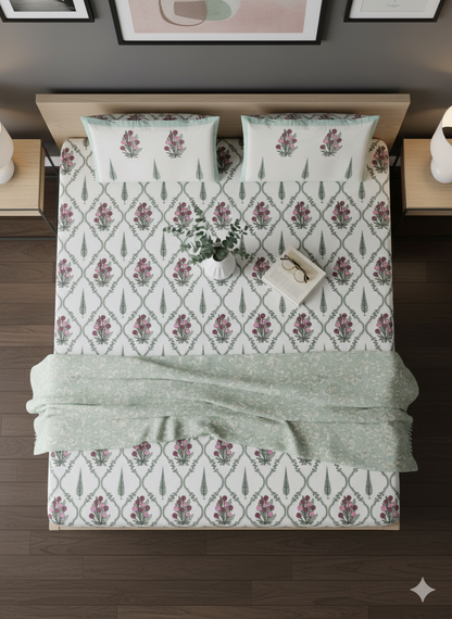 Utsav - Green | Artisanal Jaipuri Print Bedsheet | 100% Cotton Queen/King Size Bedding