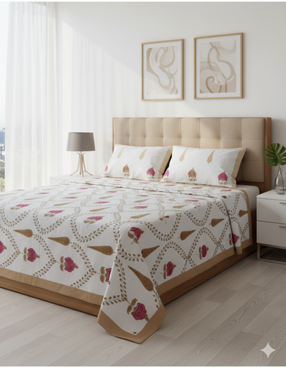 Mehfil | Artisanal Jaipuri Print Bedsheet | 100% Cotton Queen/King Size Bedding