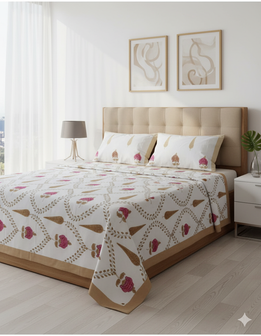 Mehfil | Artisanal Jaipuri Print Bedsheet | 100% Cotton Queen/King Size Bedding