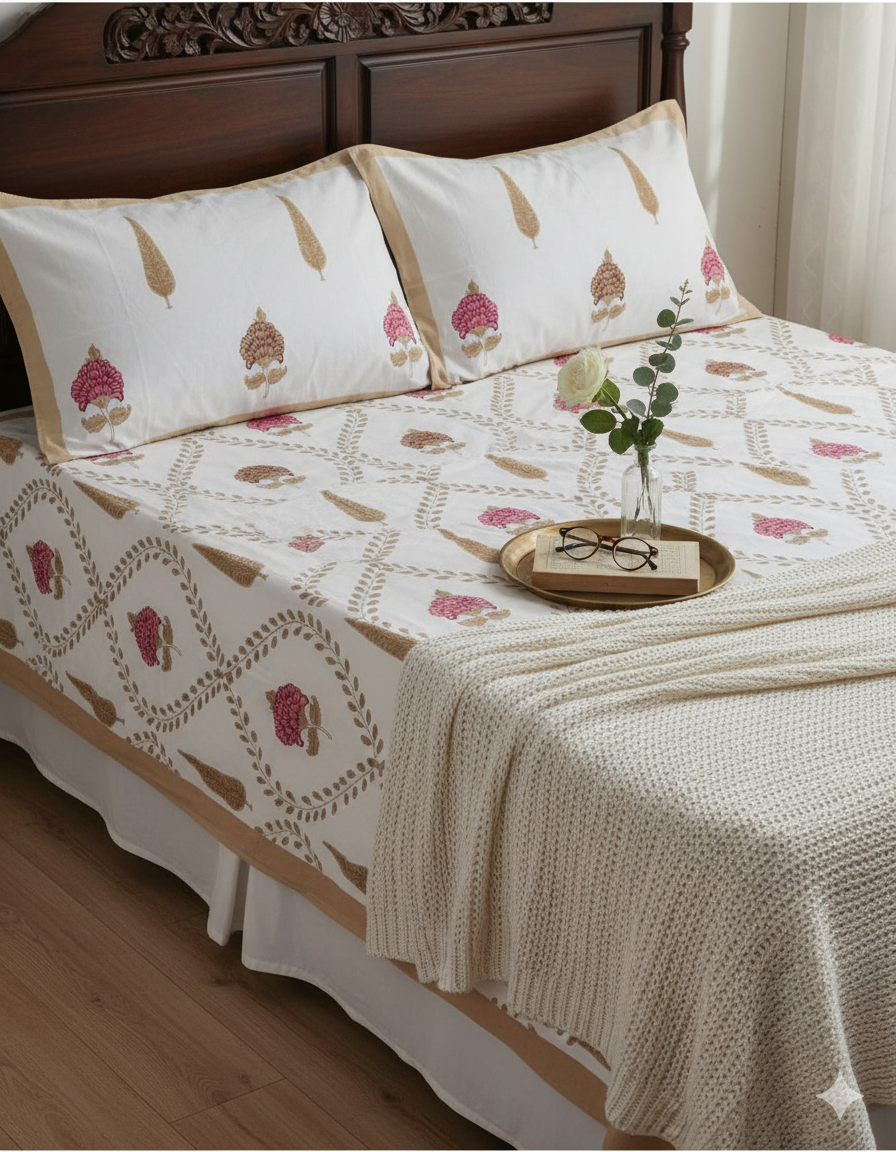 Mehfil | Artisanal Jaipuri Print Bedsheet | 100% Cotton Queen/King Size Bedding